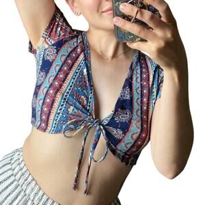 Windsor L Blue Boho Paisley Floral Stripe Tie Up Vneck Short Sleeve Crop Top